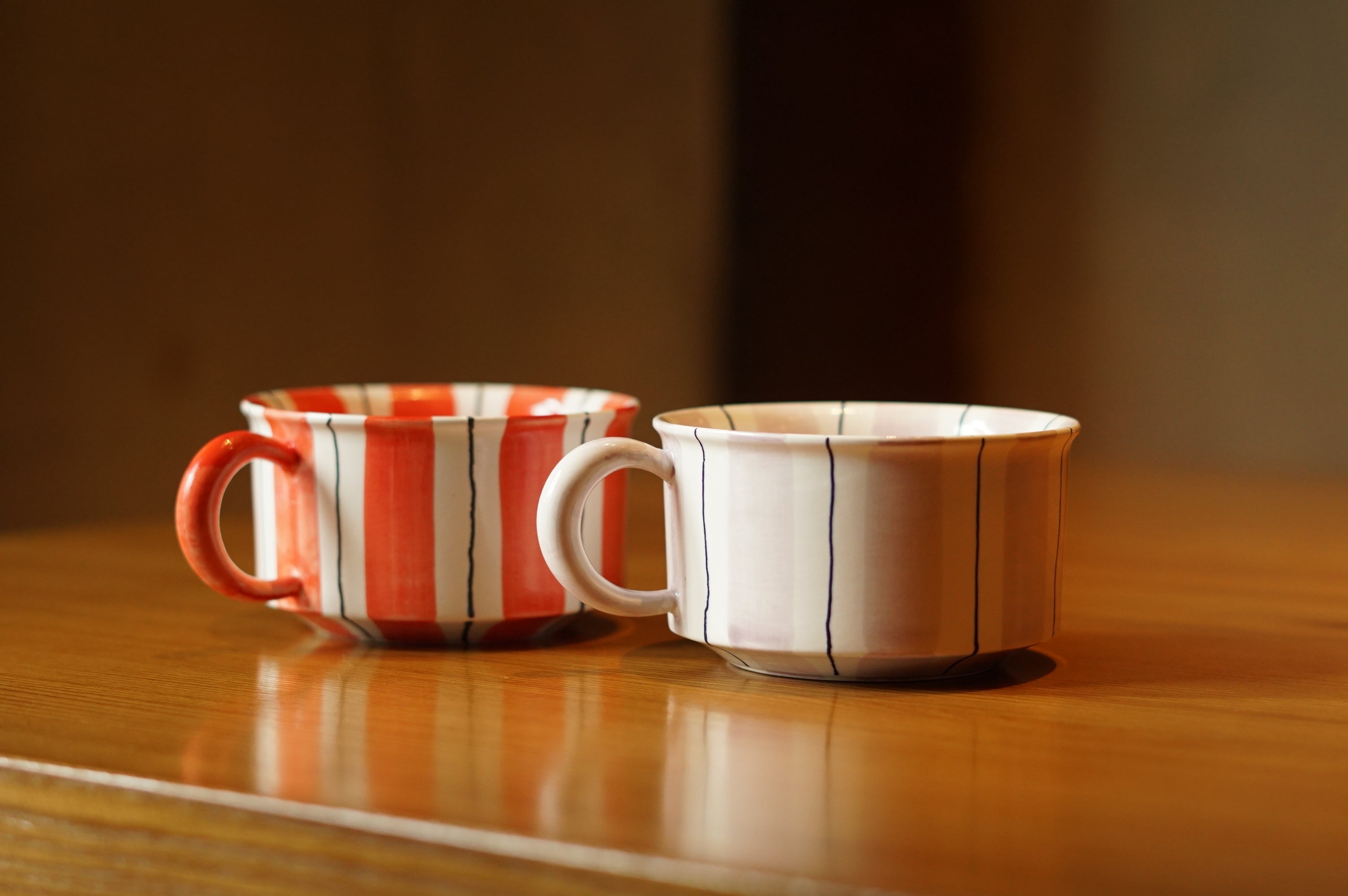 Hand-Painted Striped Coffee Cup | Dual Color Artisan Ceramic Mug (Red & Purple)