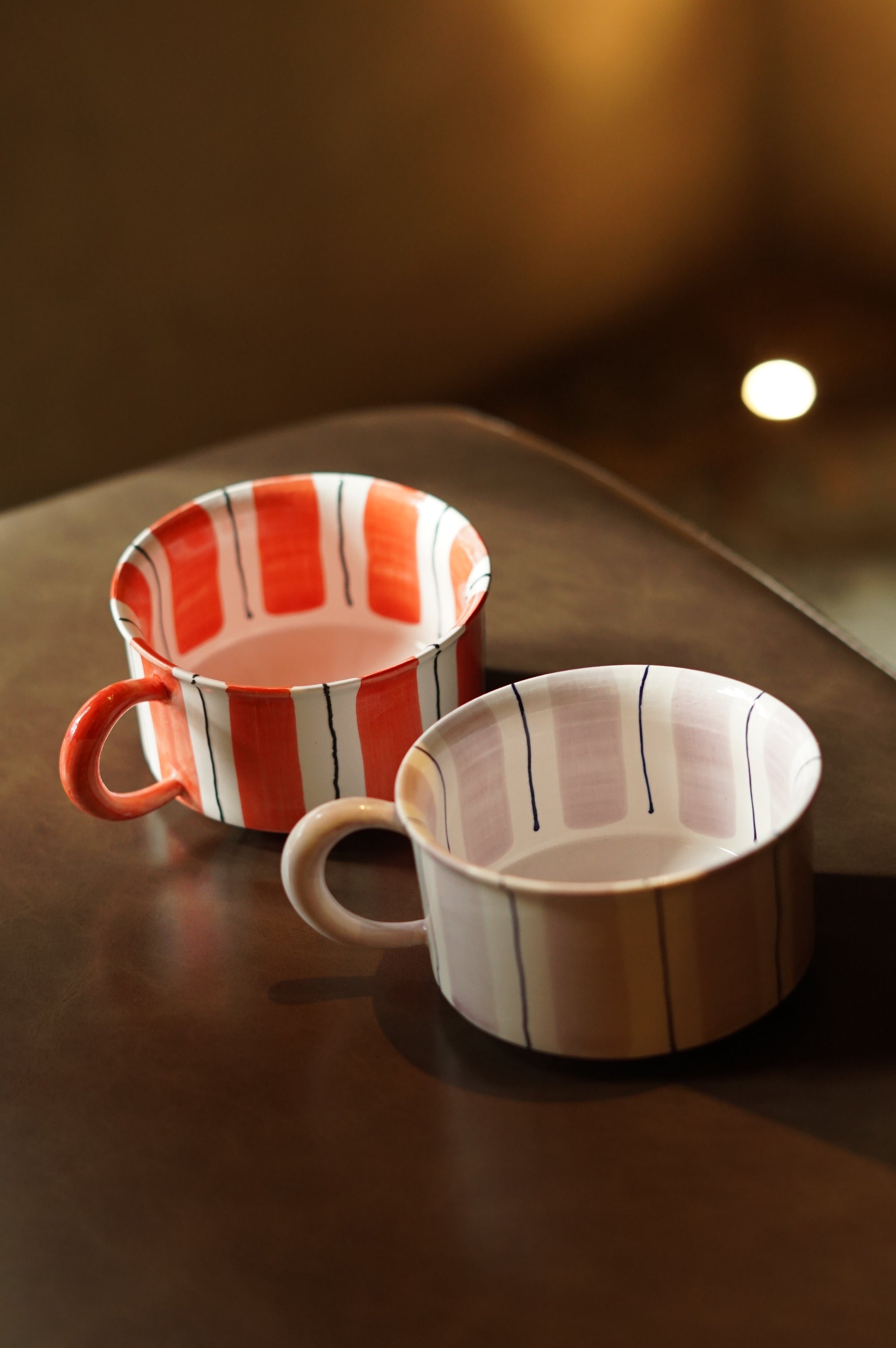 Hand-Painted Striped Coffee Cup | Dual Color Artisan Ceramic Mug (Red & Purple)
