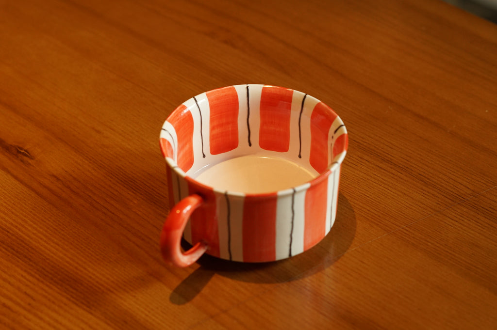 Hand-Painted Striped Coffee Cup | Dual Color Artisan Ceramic Mug (Red & Purple)