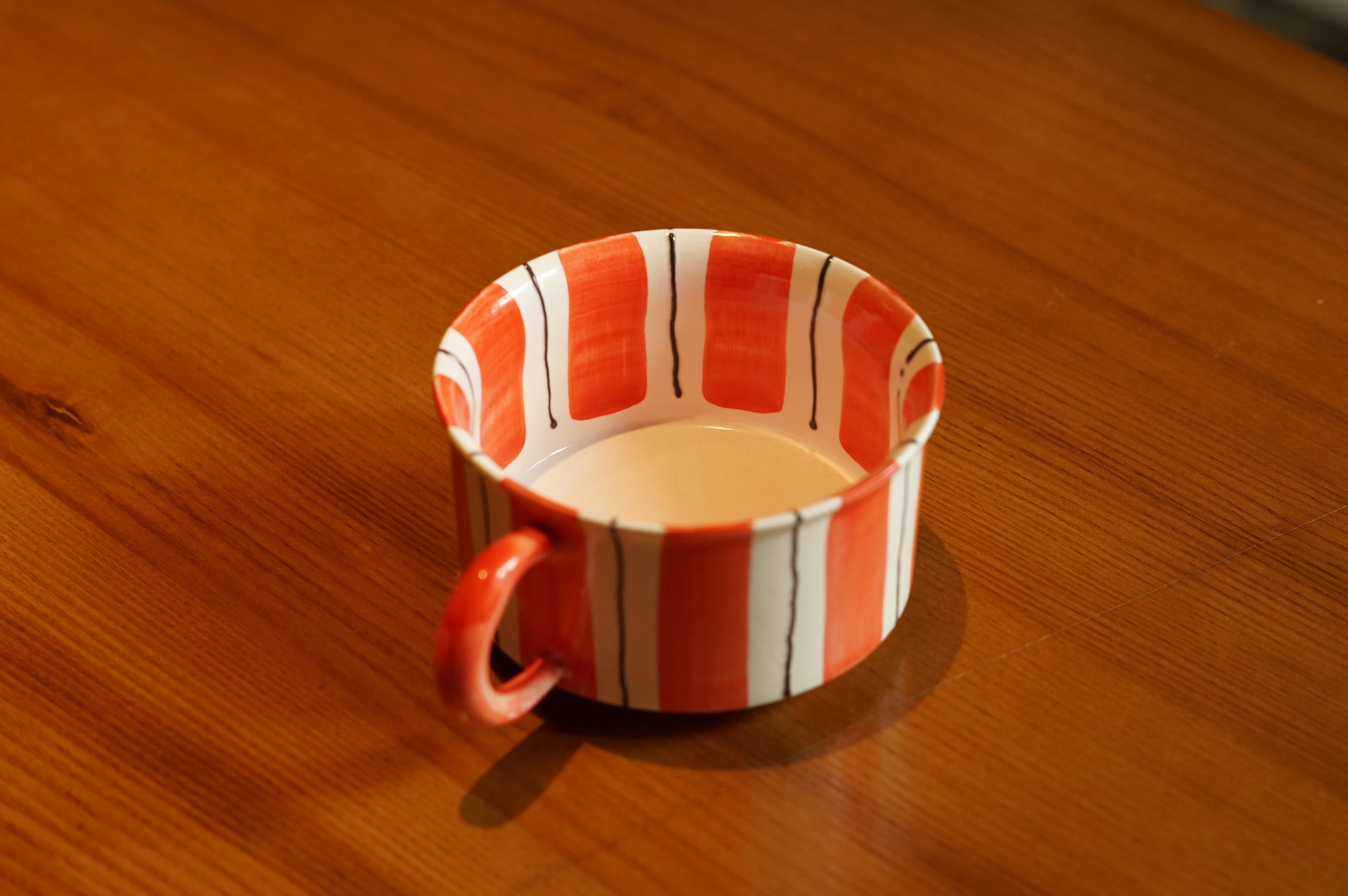 Hand-Painted Striped Coffee Cup | Dual Color Artisan Ceramic Mug (Red & Purple)