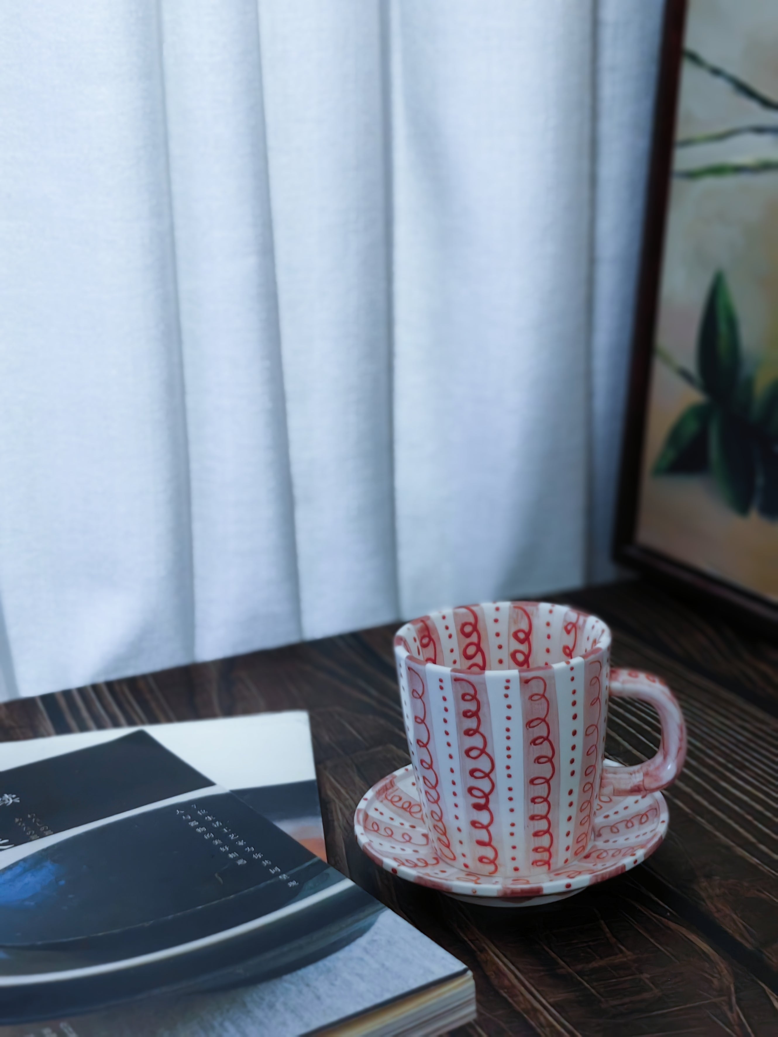 Hand-Painted Red Stripe Coffee Cup & Saucer Set | Artisan Ceramic 140cc