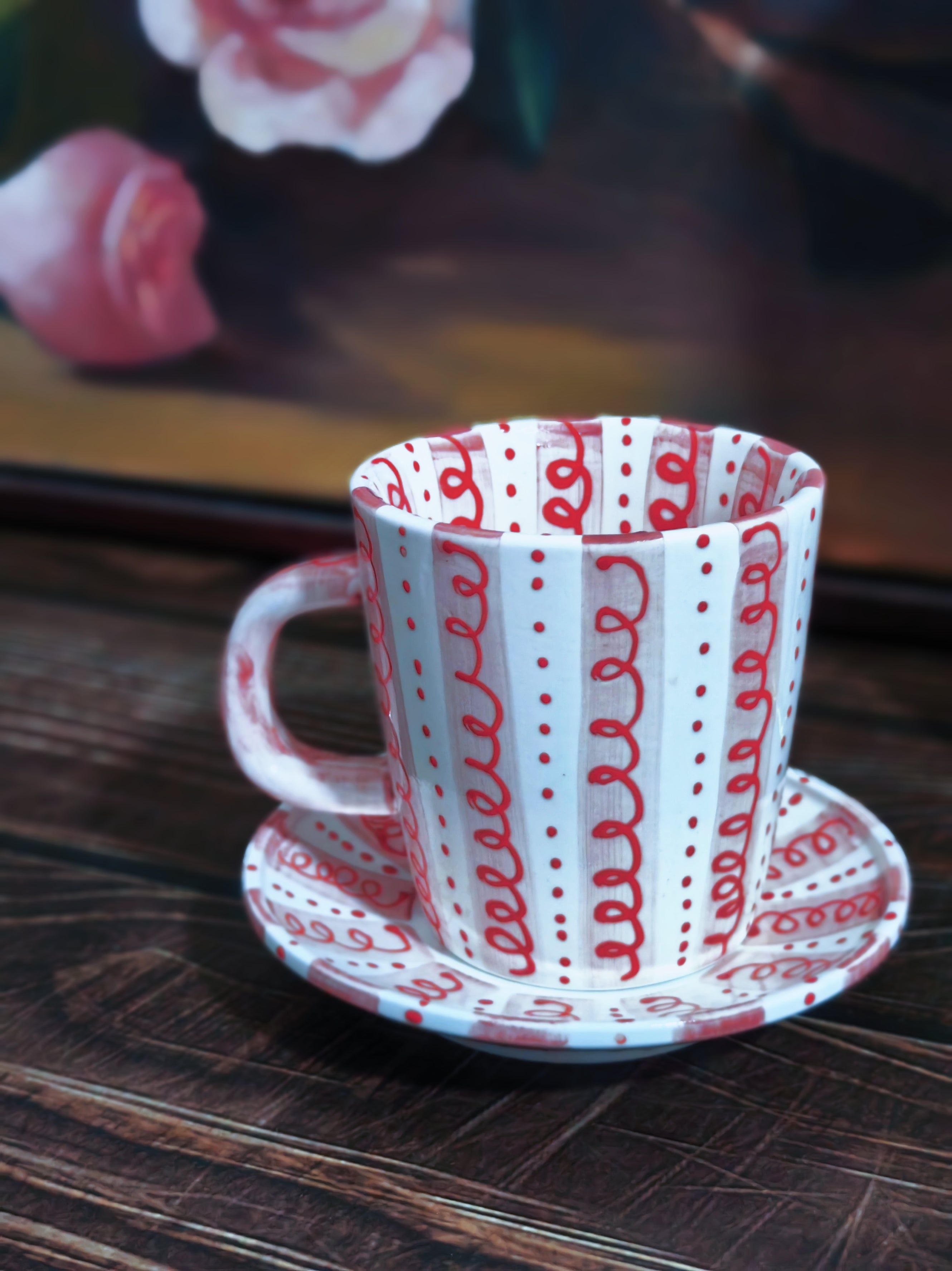 Hand-Painted Red Stripe Coffee Cup & Saucer Set | Artisan Ceramic 140cc