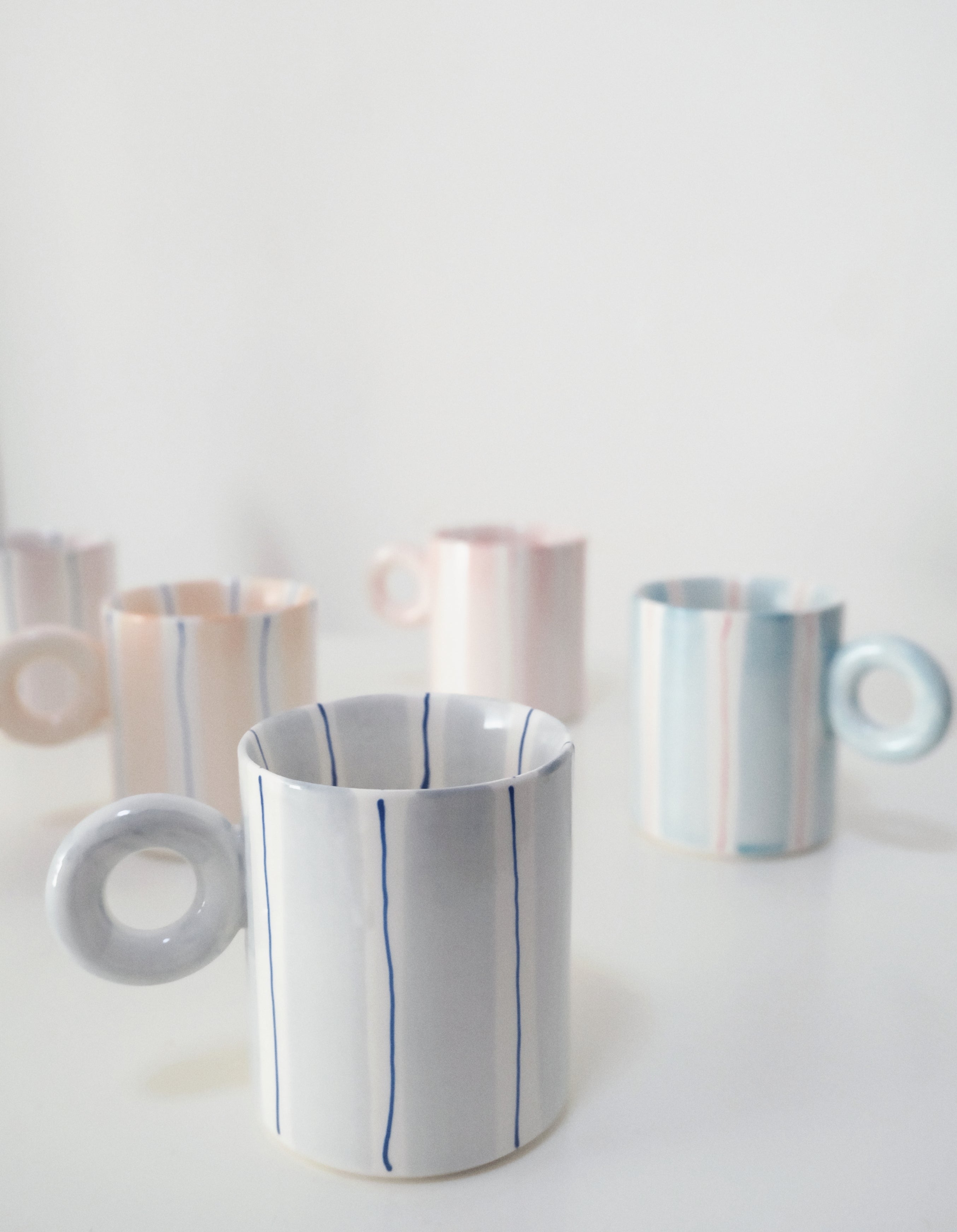 Hand-Painted Dopamine Ceramic Mug | Round Handle Design with Pastel Stripes