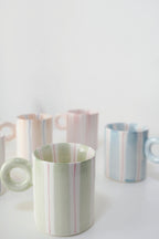 Hand-Painted Dopamine Ceramic Mug | Round Handle Design with Pastel Stripes