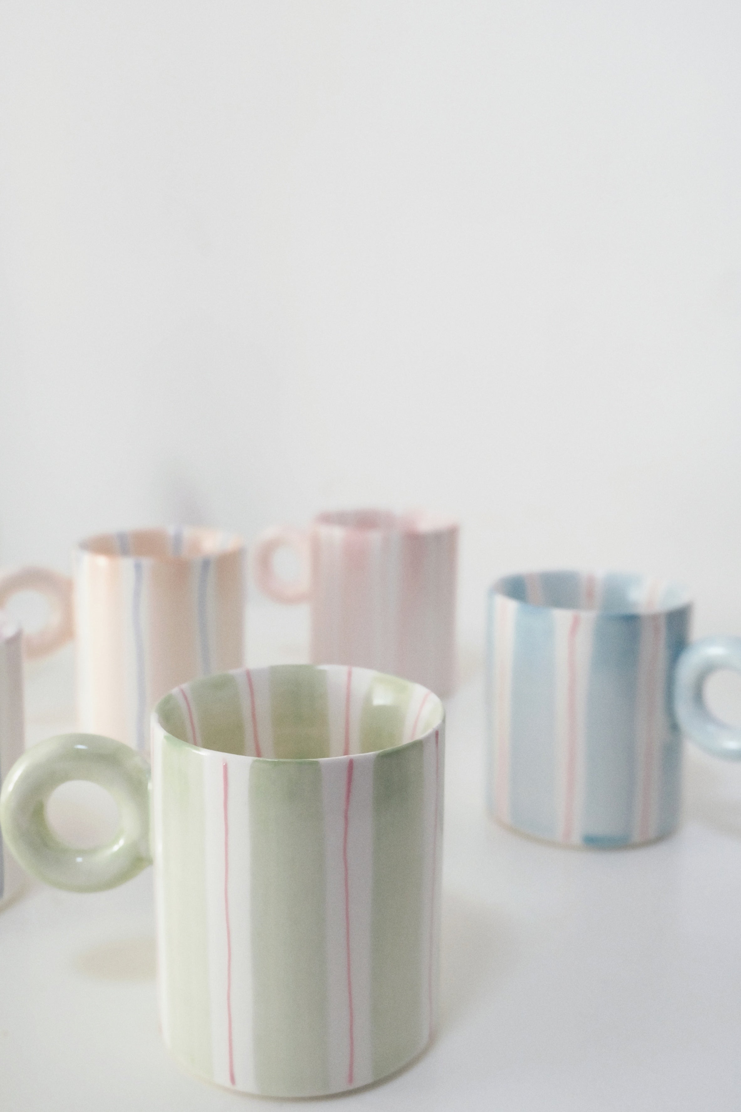 Hand-Painted Dopamine Ceramic Mug | Round Handle Design with Pastel Stripes