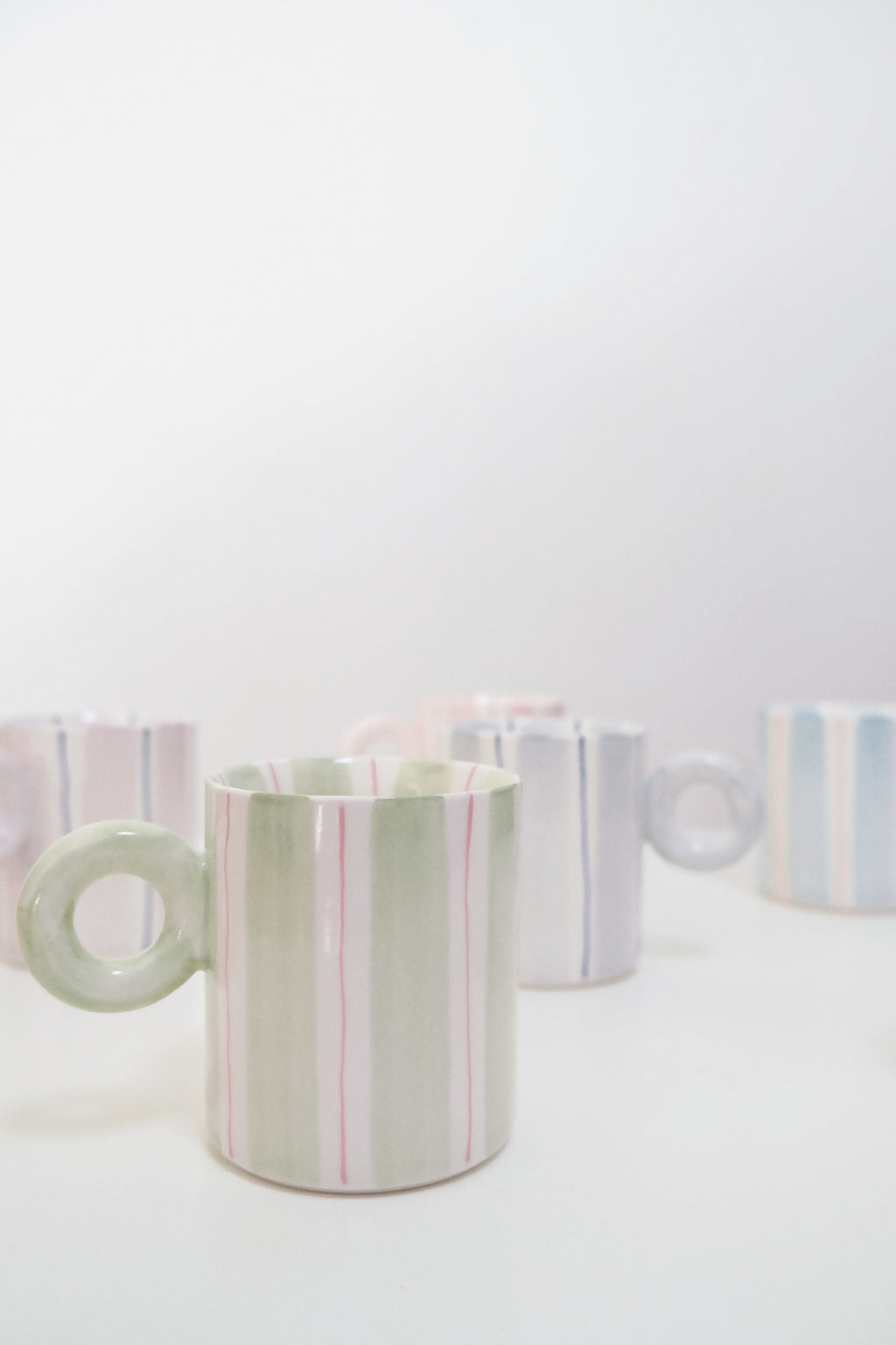 Hand-Painted Dopamine Ceramic Mug | Round Handle Design with Pastel Stripes
