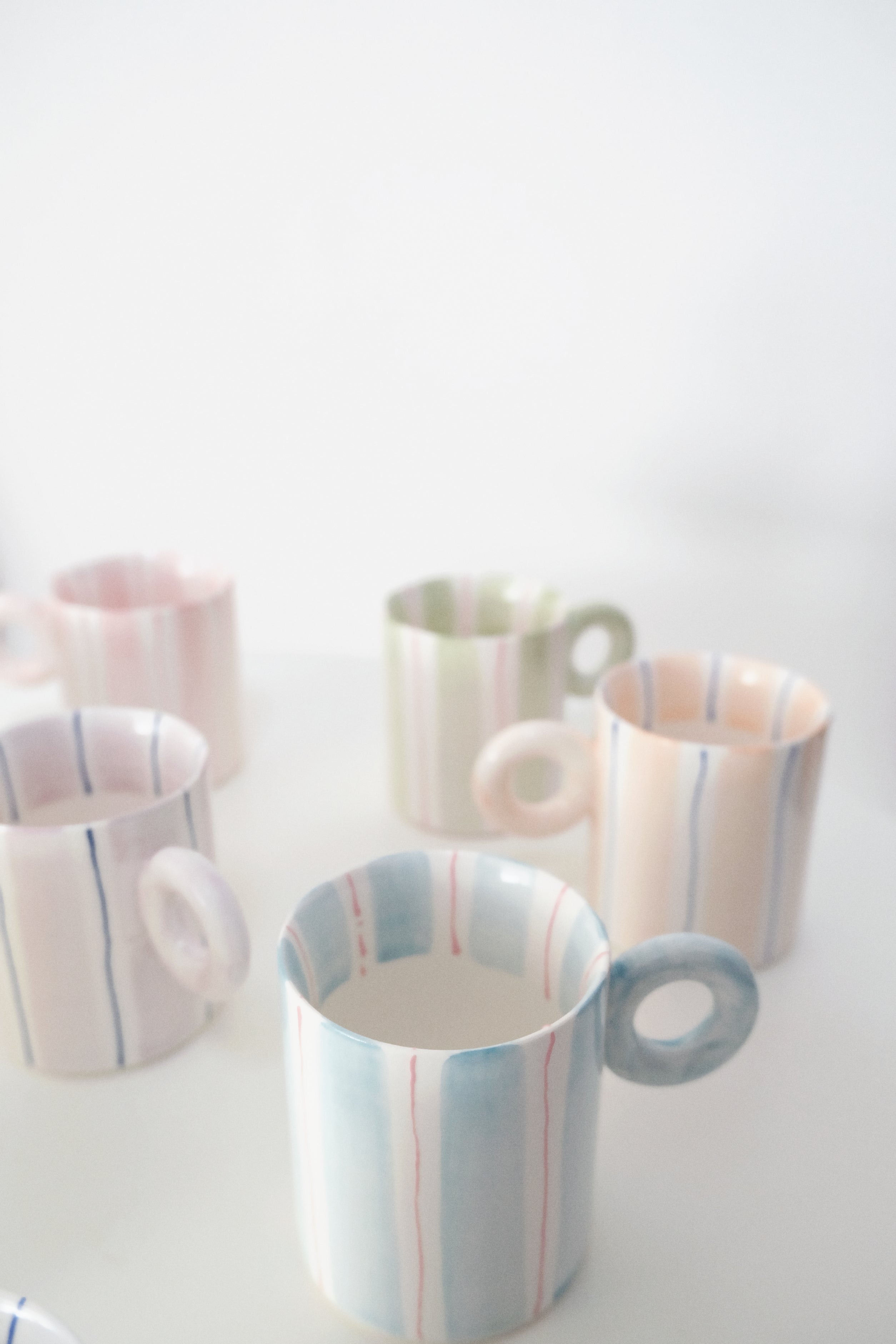 Hand-Painted Dopamine Ceramic Mug | Round Handle Design with Pastel Stripes