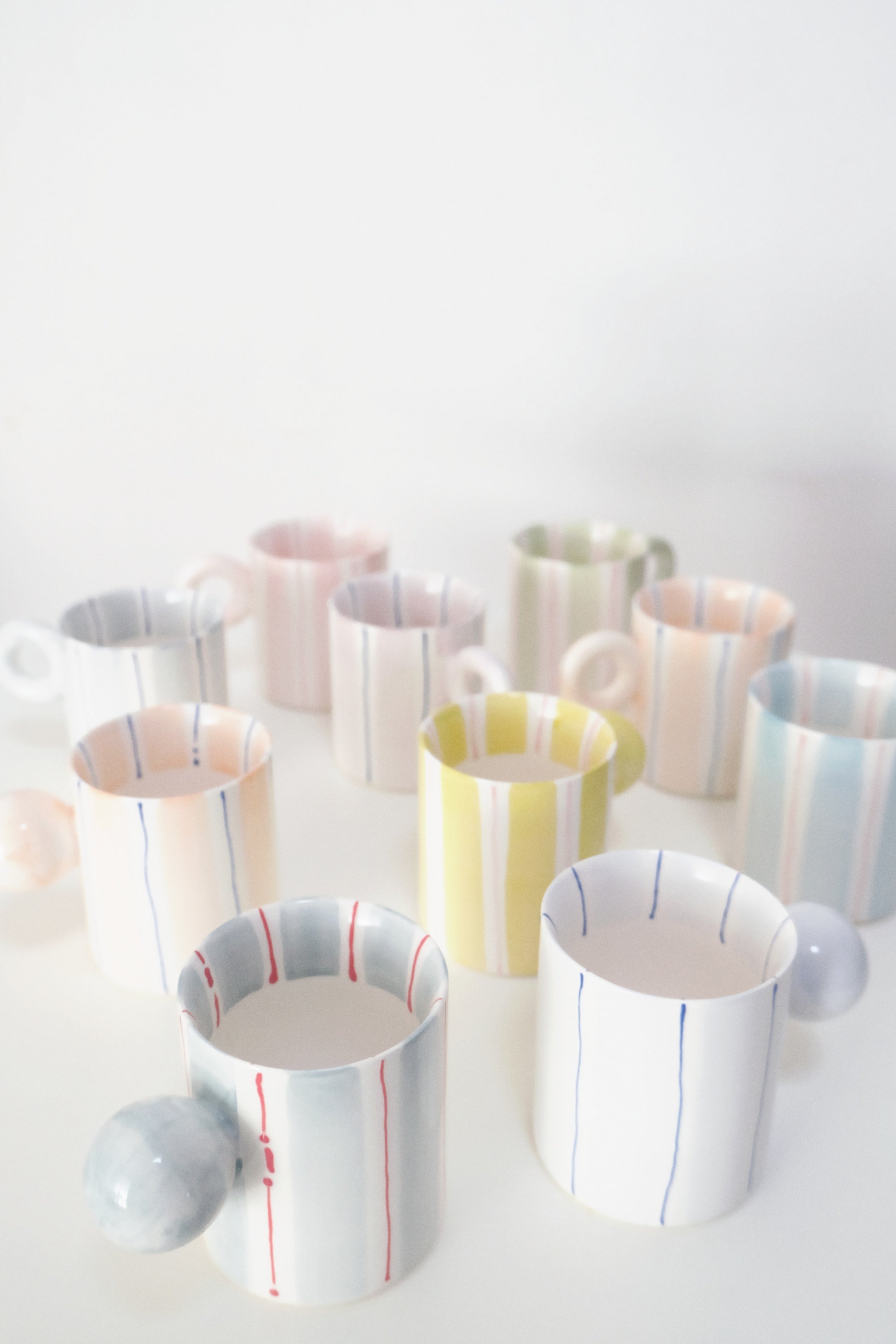 Hand-Painted Dopamine Ceramic Mug | Round Handle Design with Pastel Stripes