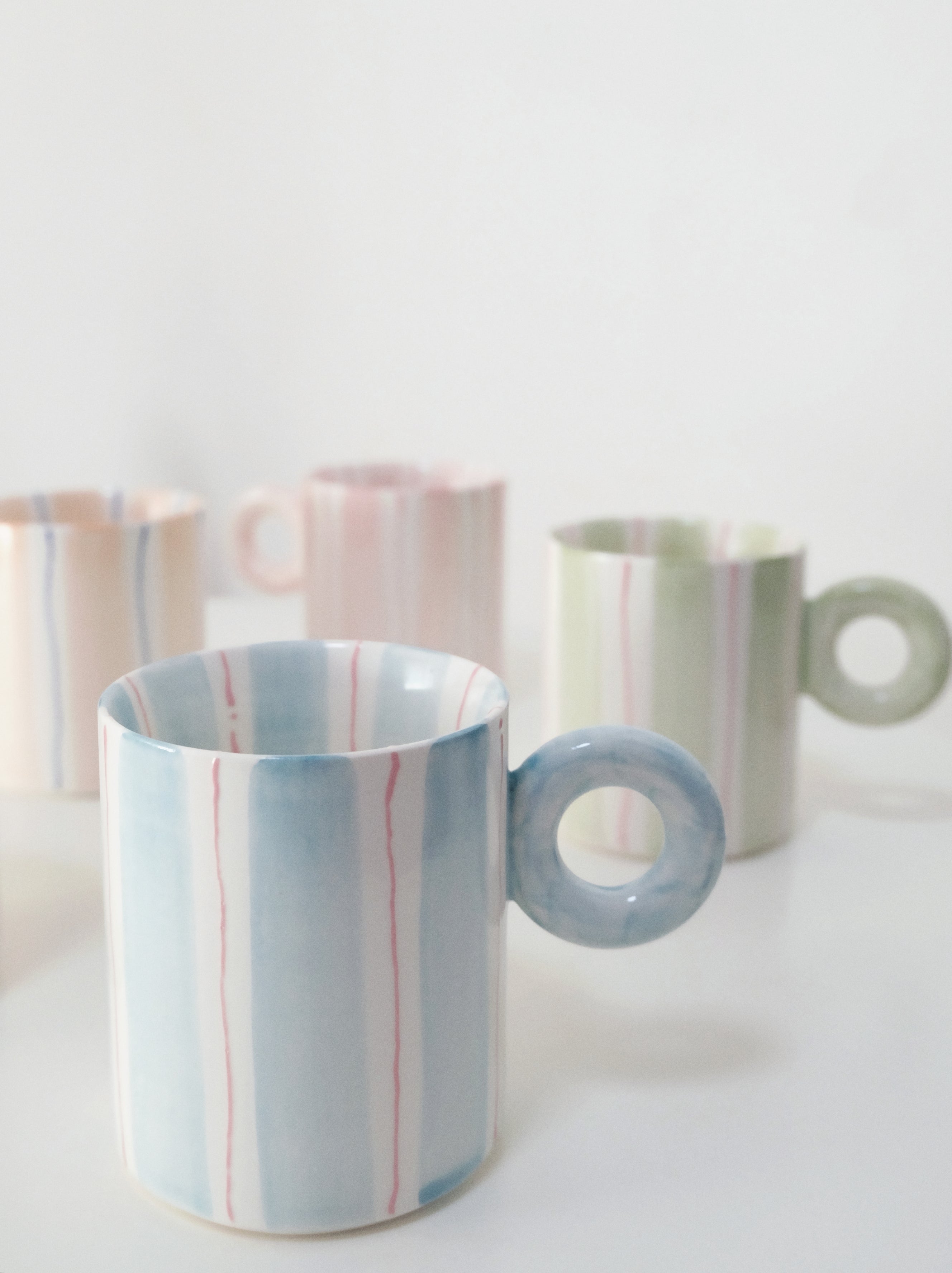 Hand-Painted Dopamine Ceramic Mug | Round Handle Design with Pastel Stripes