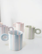 Hand-Painted Dopamine Ceramic Mug | Round Handle Design with Pastel Stripes