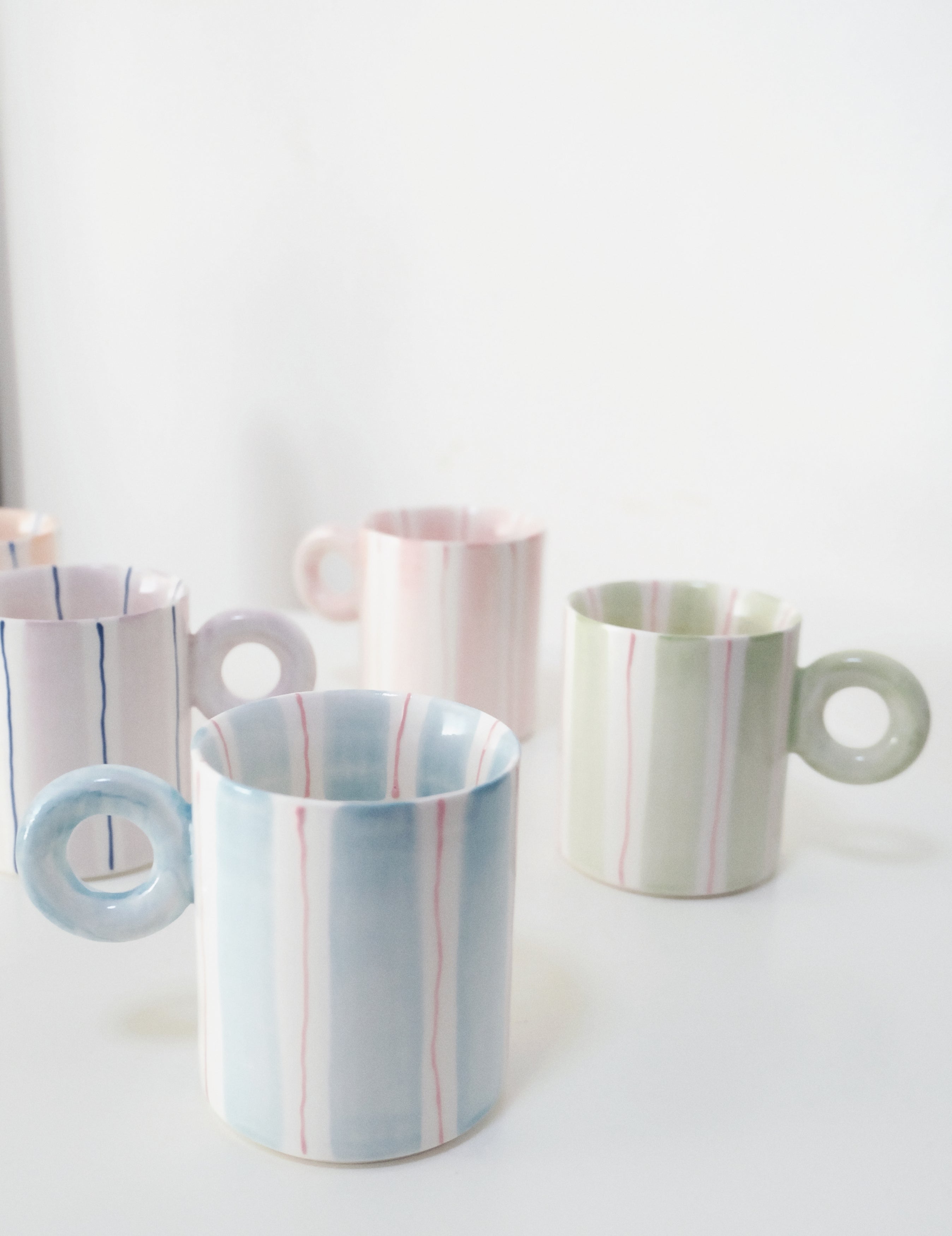 Hand-Painted Dopamine Ceramic Mug | Round Handle Design with Pastel Stripes